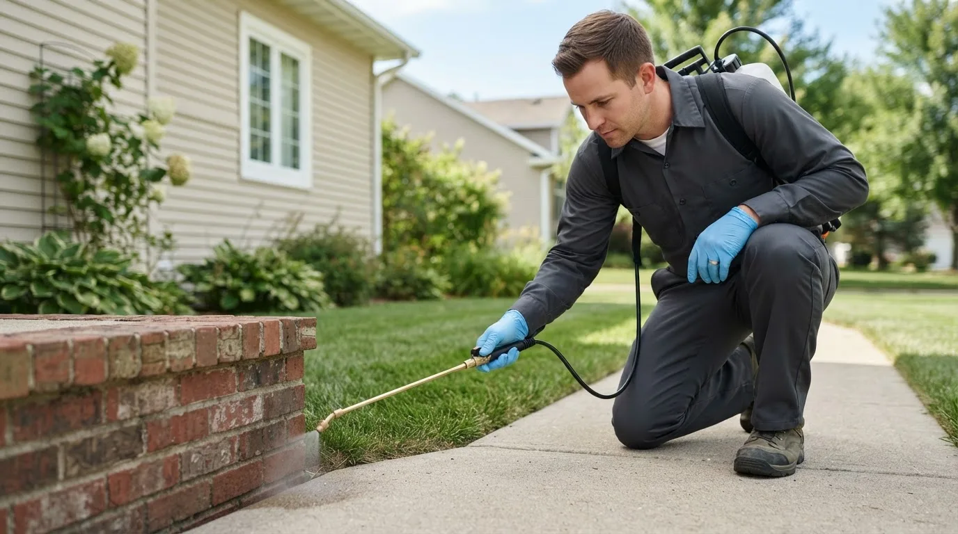 Pest control technician treating a home near Jamesville, VA